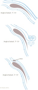 Diagram explaning how the angle of attack of a wing can affect lift